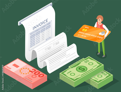 Businessman is standing near the invoice and stacks of money holding credit card. Tiny male character and big bank card. Concept of cashless financial transactions, big shopping, online payments