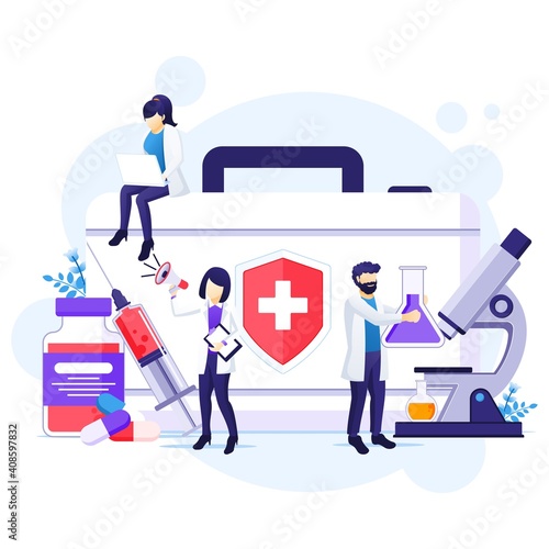 Vaccination concept, cure for Corona virus, time to vaccinate, doctors with syringe, vaccine bottle illustration