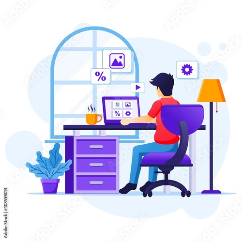 Work from home concept, A man sitting at desk and work on laptop, stay at home, Quarantine during the Coronavirus Epidemic illustration