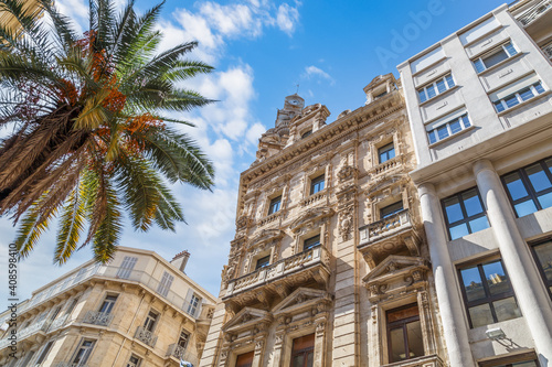 Fototapeta Naklejka Na Ścianę i Meble -  Low angle view of historical buildings and palm tree against blue cloudy sky in Toulon, France.
