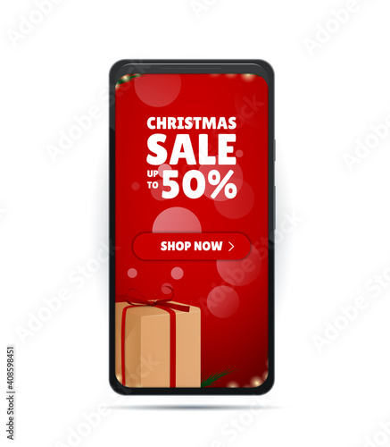 Holiday discounts on the phone. Christmas Sale. Christmas Shop Now. New Year Gifts on The Smartphone. Merry Christmas and Happy New Year. Colored. Winter Holidays. Vector Illustration