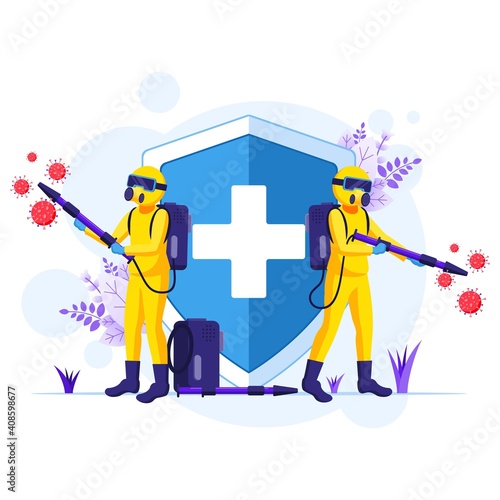 Disinfectant worker in hazmat suits sprays cleaning and disinfecting covid-19 coronavirus cells virus illustration