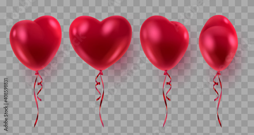 Set of three red realistic heart ballons, from different sides and red ribbons. Vector illustration for card, party, design, flyer, poster, decor, banner, web, advertising. 
