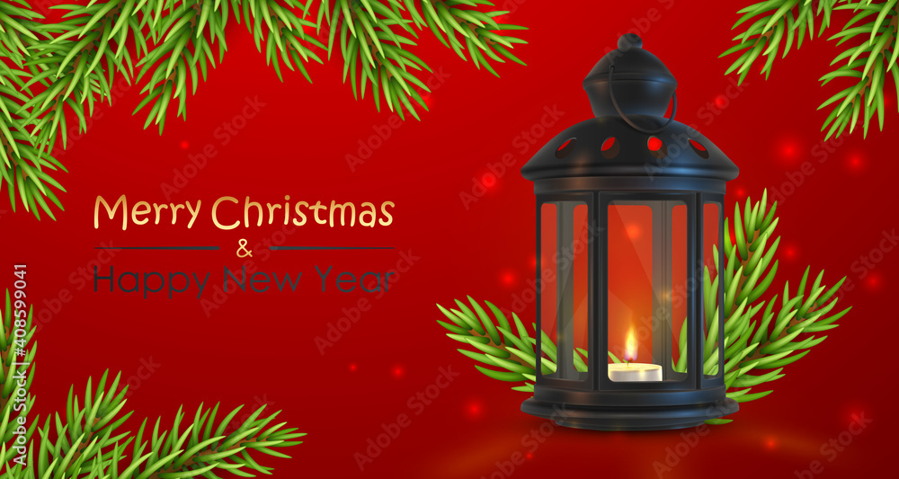 Red banner with black latern, lamp with candle, tea light, branches, fir and lettering Merry Christmas and Happy New Year. Holiday vector illustration for card, flyer, advertising, posters, partyes.
