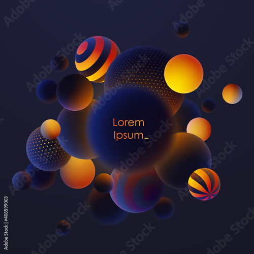 Fototapeta Naklejka Na Ścianę i Meble -  Realistic blue balls, blured and luminous, luminescent orange balls with patterns, dots and stripes with soft touch feeling in dark background. Vector illustration. 