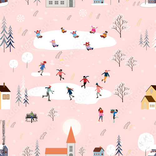 Seamless pattern Winter landscape in small town with people celebrating, Vector cute winter wonderland in the village with happy people playing ice skate in the park.