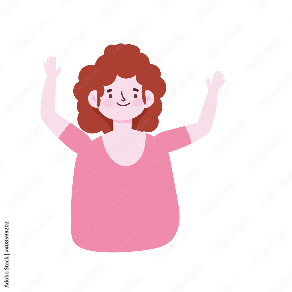 cartoon female woman character hands up icon isolated style cartoon female woman character hands up icon isolated style