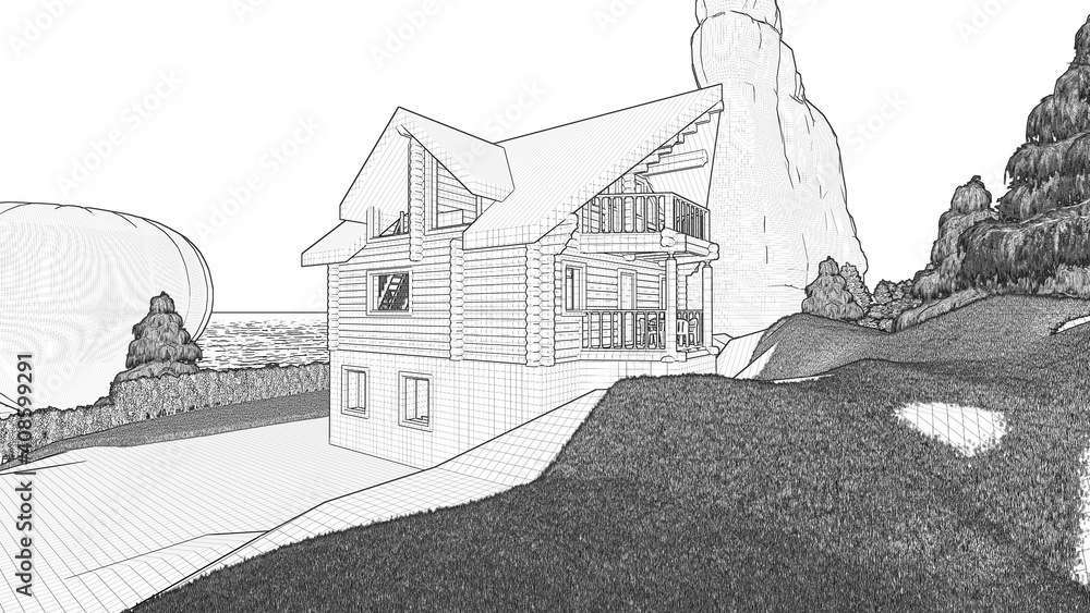  Sketch black and white illustration of a wooden house made of logs, rounded logs. Эскиз деревянного дома из бревна, оцилиндрованного бревна.