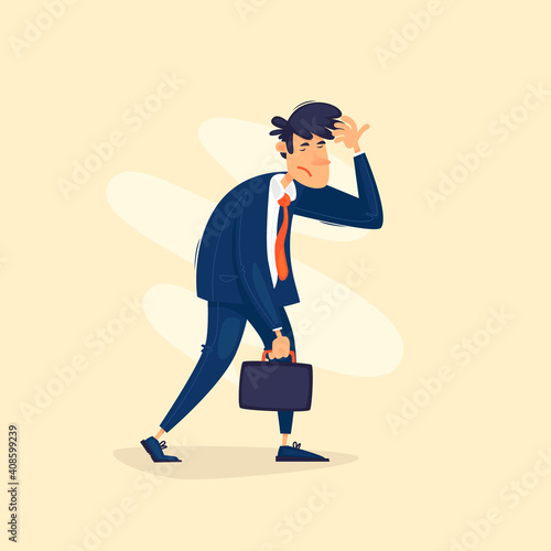 Back to work, a sad employee walks with a suitcase. Flat design vector illustration.