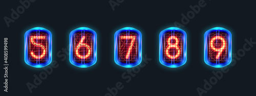 Set of retro neon numbers from red lamps in-12, nixie tube indicator, lamp gas-discharge indicator, warm light, in glass with blue lighting on dark background. Vector steampunk illustration.