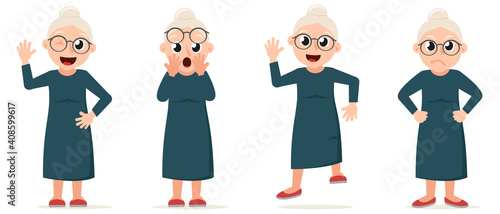 A set of grandmother with different emotions stands. The character