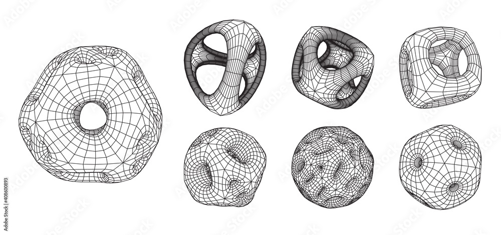 Εκτύπωση καμβά Set of abstract 3d wireframe shapes or elements with smooth corners and holes