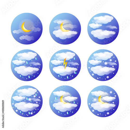 Weather icons set with thunderstorm, moonshine, starry sky. Nine symbols of night weather forecasting.