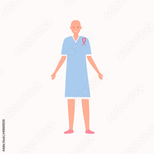
A poster of a bald girl undergoing chemotherapy with a pink ribbon. Flat vector illustration. Cancer Solidarity Day. Life after treatment. Medicine concept. The fight for health.