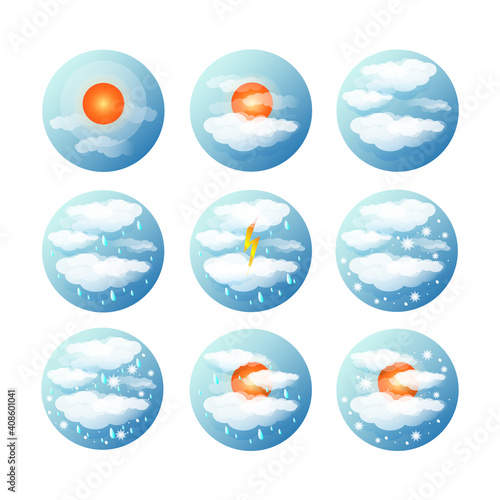 Weather icons set with meteorological symbols. Sunny, cloudy, snowy and rainy sky. Day weather forecast.