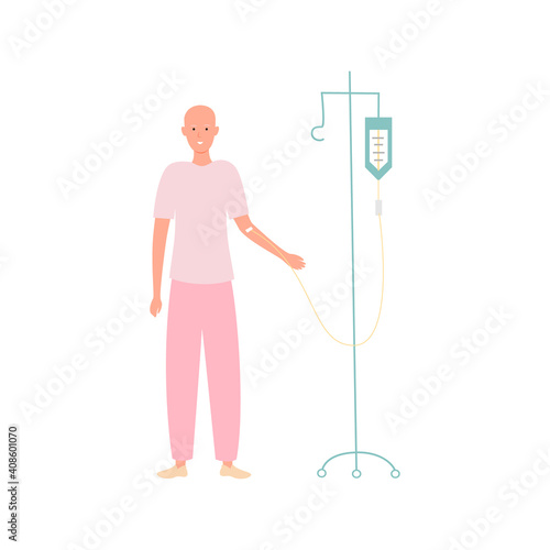 
Cartoon poster of a woman receiving chemotherapy. Flat illustrations in vector style. Rehabilitation of cancer patients with chemotherapy, great design for any purpose. Fight cancer.