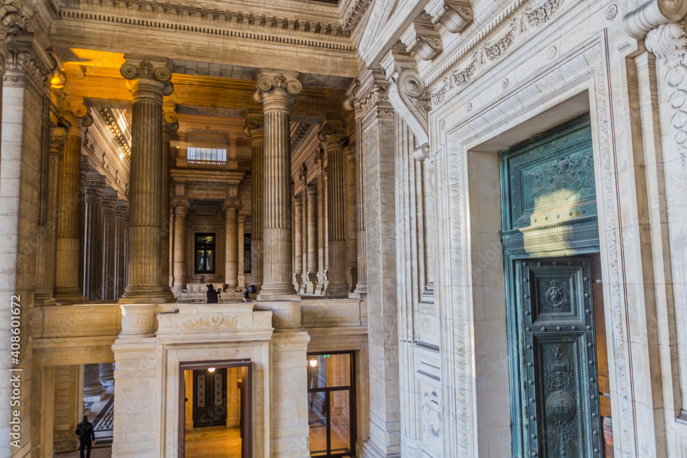 BRUSSELS, BELGIUM - DECEMBER 17, 2018: Entrance of the Palais de Justice (Law Courts of Brussels), Belgium BRUSSELS, BELGIUM - DECEMBER 17, 2018: Entrance of the Palais de Justice (Law Courts of Brussels), Belgium
