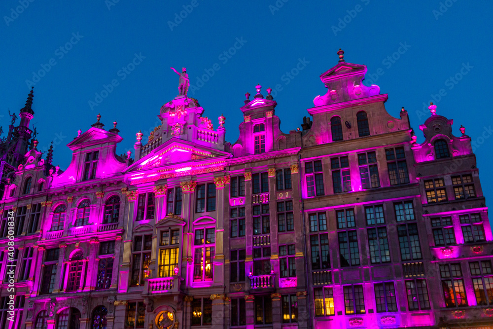 Illuminated old houses at the Grand Place (Grote Markt) in Brussels, capital of Belgium