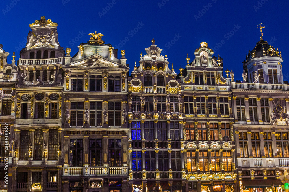 Illuminated old houses at the Grand Place (Grote Markt) in Brussels, capital of Belgium