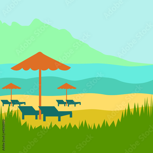 The landscape of the seashore and sun loungers