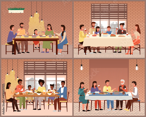 Set of theme of people having family dinner in traditional styles of countries of world. Cartoon characters in national costumes taste dishes vector illustration. Family gathering around dining table