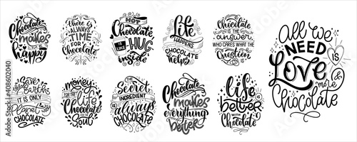 Chocolate hand lettering quotes set. Warm winter word composition. Vector design elements for t-shirts, bags, posters, cards, stickers and menu
