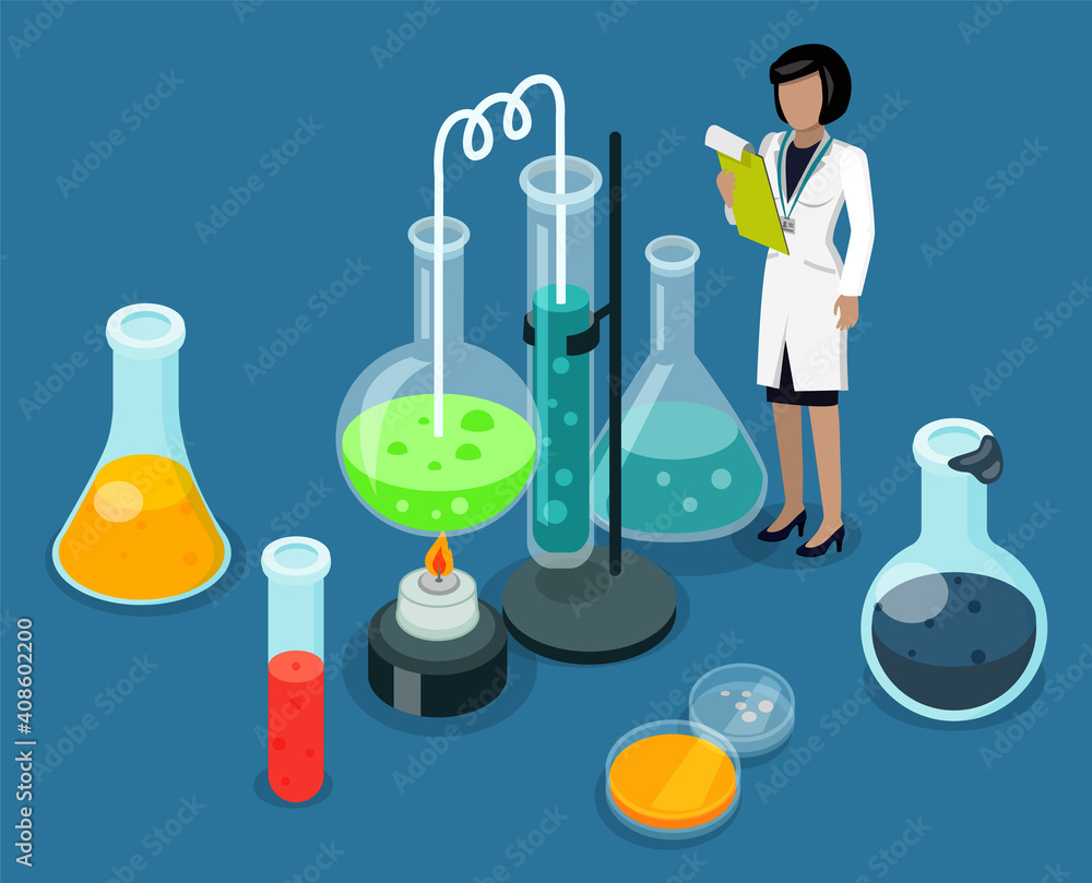 Scientific lab experiments. Woman making chemical tests, working with