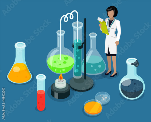 Scientific lab experiments. Woman making chemical tests, working with dangerous liquids. Flasks, test tubes with chemical toxic liquids. Working scientist with results. Isometric 3d illustration