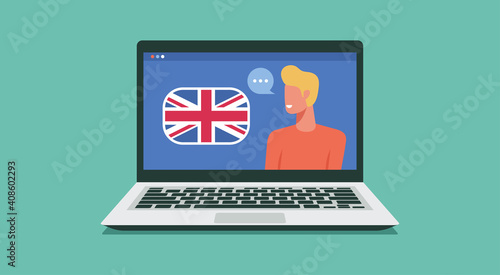 people study or learn english online course or on laptop computer concept, e-learning and distant learning, education of foreign language lesson on internet, vector flat illustration