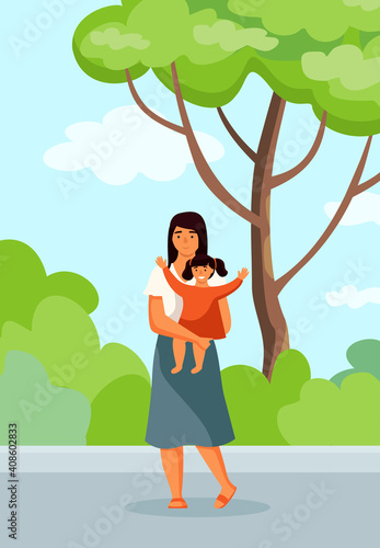 The mother stands with a small child in her arms. Parent and daughter in city park natural landscape. The girl happily raises her hands. Mom is taking care of the baby flat vector illustration