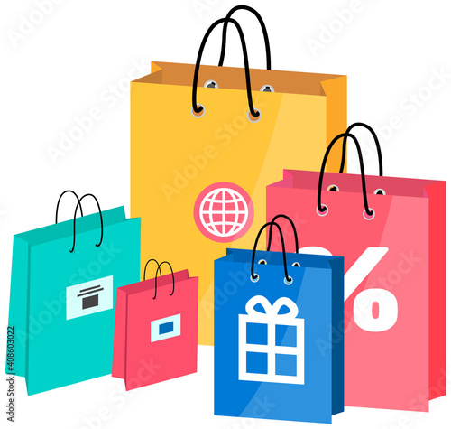 Retail bags vector object. Special offer purchases with symbols of world, delivery, present and discounts. Packages with low cost. Seasonal sale isolated cartoon illustration for web graphic design