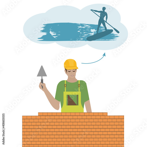 Builder, bricklayer dreaming of a trip to ride on a surfboard - vector. Travel planning. Hypothetically active rest.