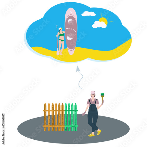 Painter, girl dreaming to ride on a surfboard - vector. Travel planning. Hypothetically active rest.