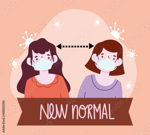 new normal lifestyle, people with masks and social distance cartoon style