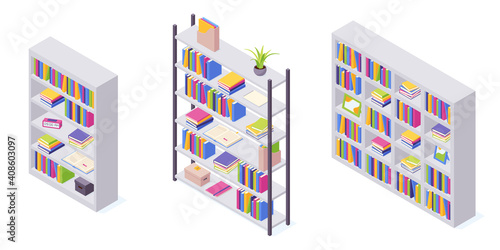 Books on shelf in isometric vector illustration set.