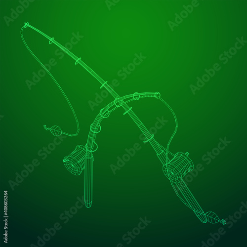 Fishing rod with line sinker and hook. Wireframe low poly mesh vector illustration.