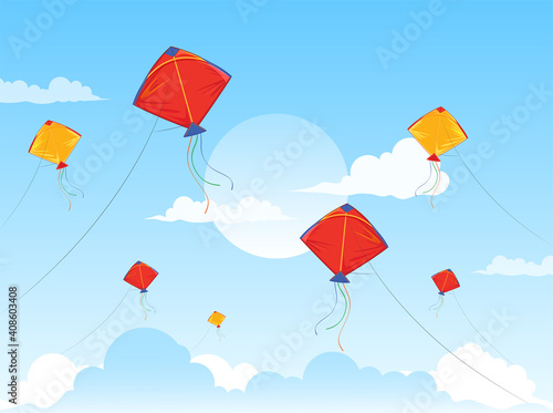 Colorful kites flying in the clouds. Colored kites and clouds in the bright blue sky illustration.