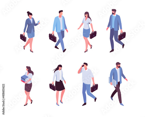 Isomeric business people vector set. Walking people. Flat vector characters isolated on white background..