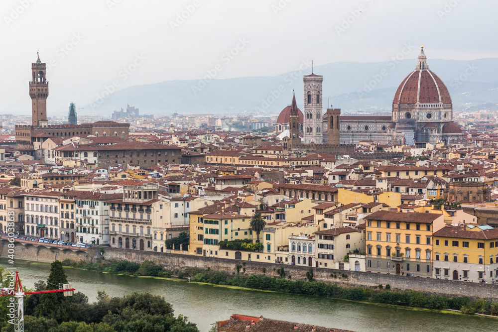 Aerial view of Florence, Italy. Cathedral (Duomo) and the Palazzo Vecchio, town hall.