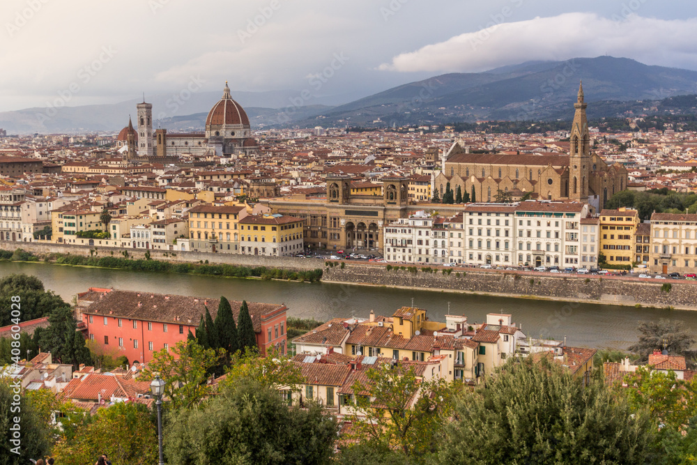 Aerial view of Florence, Italy. Cathedral (Duomo) and Basilica di Santa Croce with its bell tower.