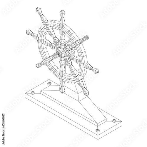 Ship steering wheel. Marine rudder. Wireframe low poly mesh vector illustration.