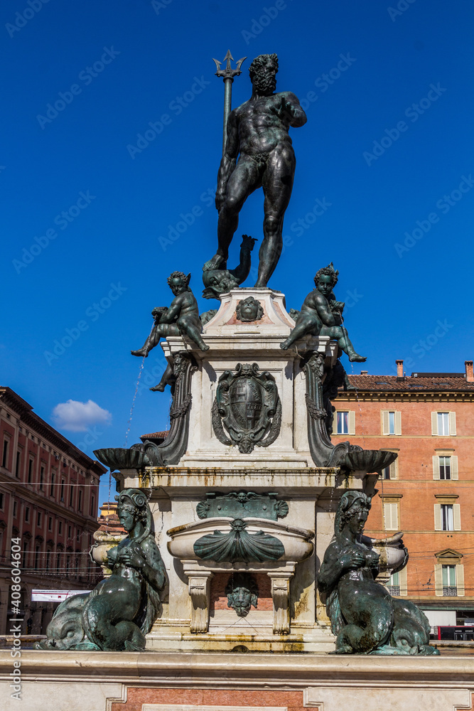BOLOGNA, ITALY - OCTOBER 22, 2018: Fountain of Neptune in Bologna, Italy