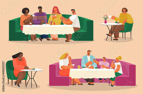 Group of people eating and talking in restaurant or cafe flat icons set isolated vector illustration. Family parents with children, group of young people, single man and woman visitors at a table