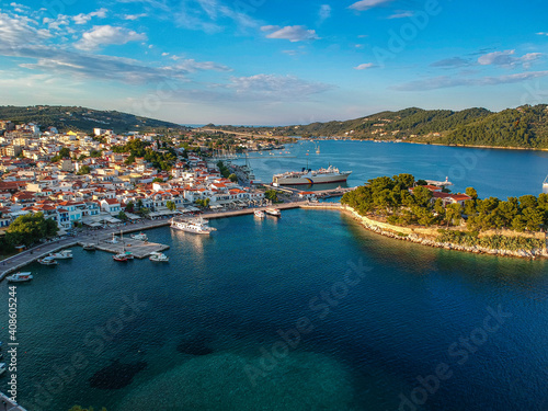 Aerial panoramic view over Chora town in Skiathos island, Sporades, Magnesia, Greece