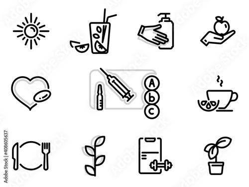 Set of black vector icons, isolated against white background. Flat illustration on a theme Food supplements, vitamins, prevention and a healthy lifestyle