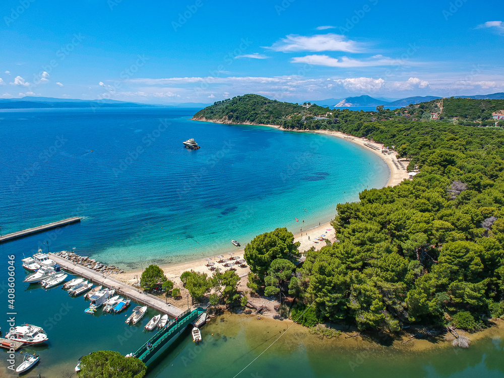 Aerial view over Koukounaries beach in Skiathos island, Sporades, Magnesia, Greece