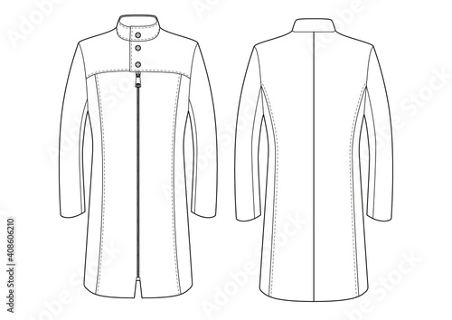 MEN'S COAT with Front Yoke & Zipper. Flat Technical Drawing front and back. Mockup template, for fashion designer. DIN A2 Quer. Vector 