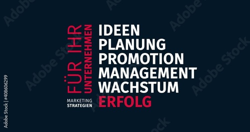 Marketing Strategien. Für Ihr Unternehmen. Animierte Schlagwortwolke. Kinetische Text Animation.