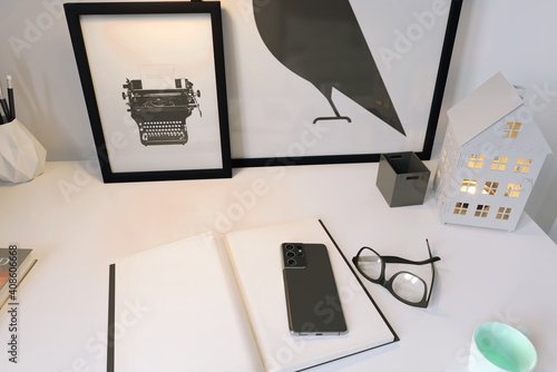 Close-up of a phone placed in the workplace.