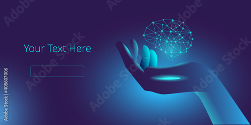 The hand holds a levitating neural network in the form of a brain. Template for a vector horizontal banner.